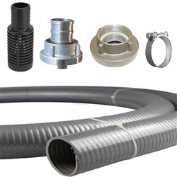 GREY SUCTION ASSY  38mm x  6m STORZ HOSETAIL & HOSE STRAINER WORM DRIVE CLAMPS
