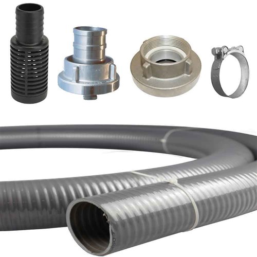 GREY SUCTION ASSY  38mm x 10m STORZ HOSETAIL & HOSE STRAINER WORM DRIVE CLAMPS